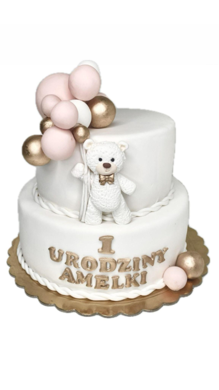 Tort dwupiętrowy na roczek z misiem i balonami  Do 30 porcji