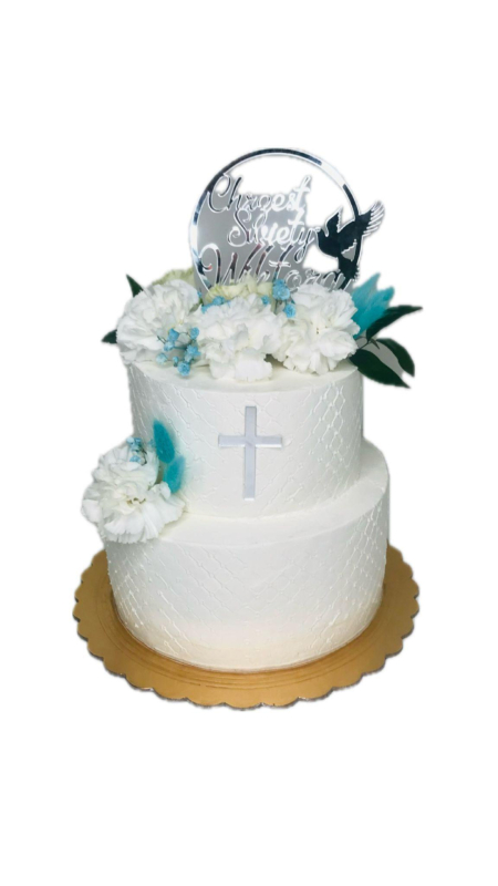 Tort dwupiętrowy na Chrzest z białymi kwiatami i topperem Do 30 porcji